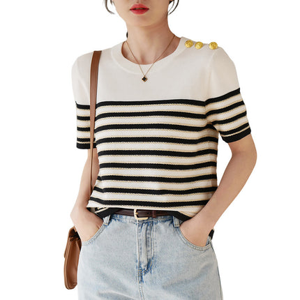 Knitted Short-sleeved Loose Striped T-shirt