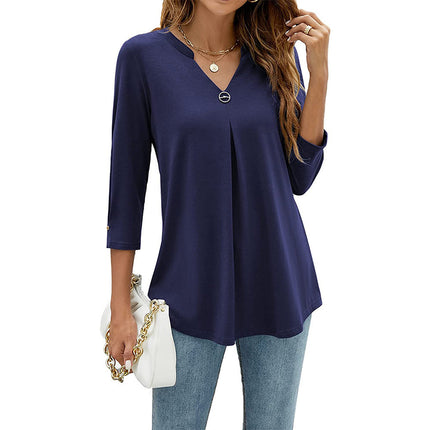 Casual And Comfortable Solid Color And V-neck Clinch Loose Three-quarter-length-sleeved T-shirt Top For Women