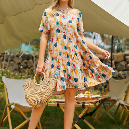 Casual Round Neck Short-sleeved Printed Multi-layer Splicing Large Hem Dress