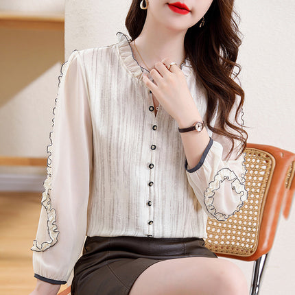 Women's Sleeved Acetate Jacquard Top With Wooden Ear Collar Plate