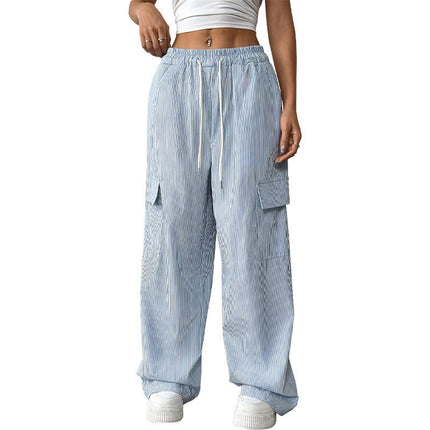 Women's Casual Elastic Striped Pocket Trousers
