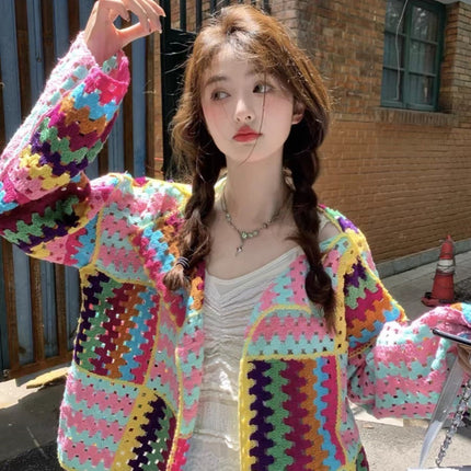 Sweet Heavy Industry Color Woven Crochet Loose Slim Long Sleeve Sweater