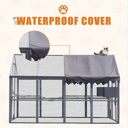Outdoor Cat House Cat Fence, Upgraded Waterproof Cover - Gray