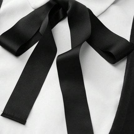 Women's Contrast Collar Maid Style Long Sleeve Short Dress