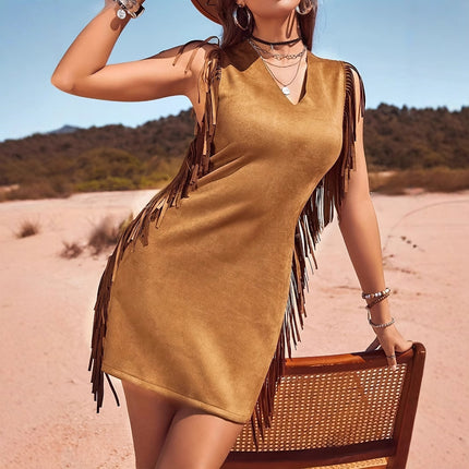 Women's Casual Vacation Bohemian Style Side Fringe Design V-neck Dress