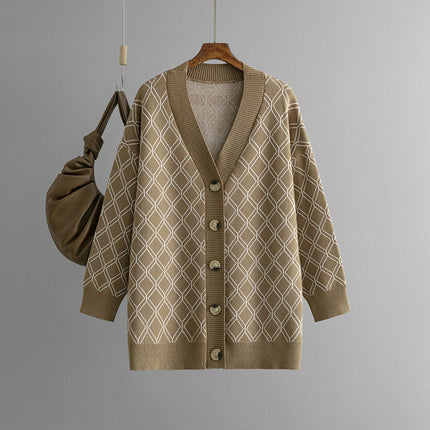 V-neck Cardigan Sweater Casual Loose Diamond Plaid Sweater Coat
