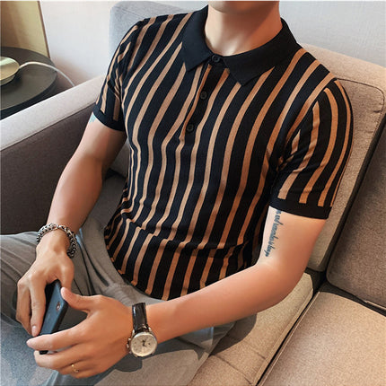 Men's Fashion Wide Striped Short-sleeved Polo Shirt