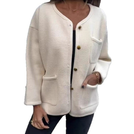 Women's Round Neck Long Sleeve Woolen Coat