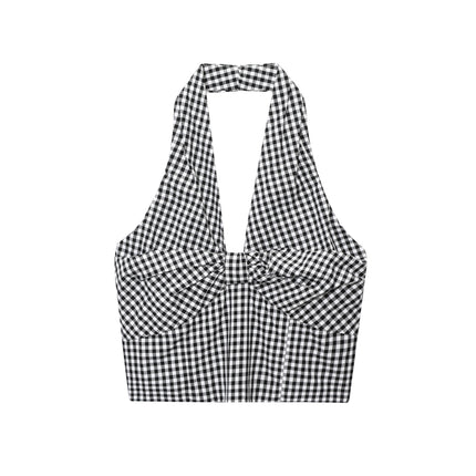 Design Halter Off-the-shoulder Smocking Plaid Camisole