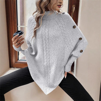 Turtleneck Buttons Decorative Long Sleeve Batwing Shirt