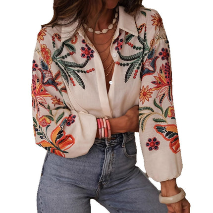 Loose Long Sleeve Printed Shirt Top