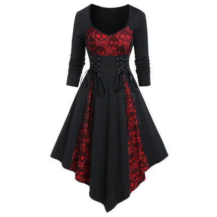 Medieval Retro Lace Up Lace Stitching Contrasting-color Dress