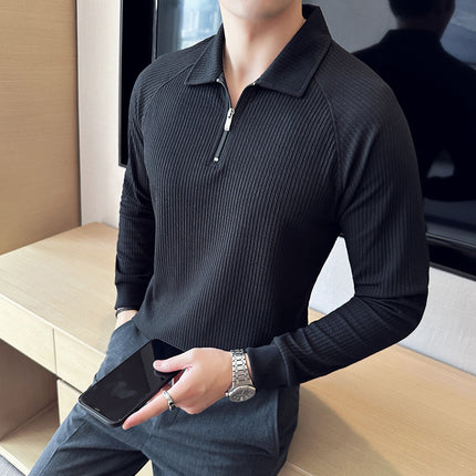 High Elastic Thickened Seersucker Half Zipper Polo Shirt