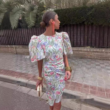 Crew Neck Split Lantern Sleeve Sexy Print Women's Dress