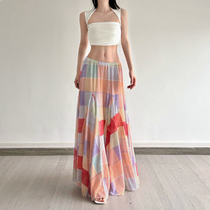 Colorful Flower Niche Artistic Colorblock Plaid Skirt