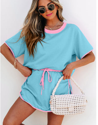 Turquoise Colorblock Edge Drop Shoulder T Shirt And Skort 2Pcs Set