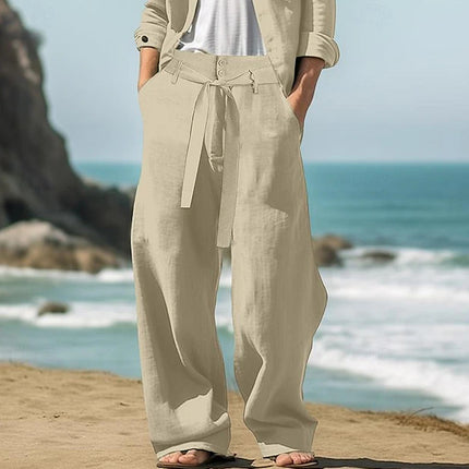 Men's Linen Belt Elastic Waist Straight Pure Color Comfort Breathable Outdoor Pants