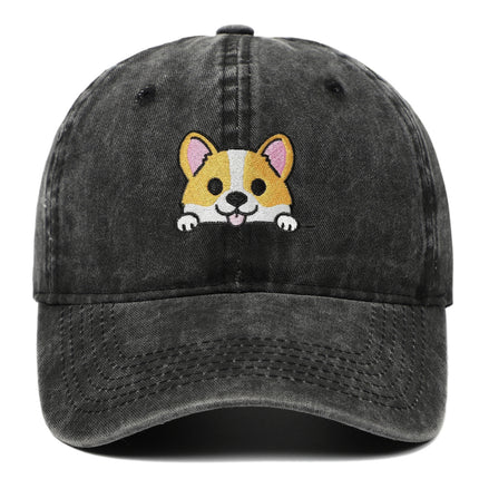 Corgi Embroidered Baseball Fashionable Washed Sports Cap