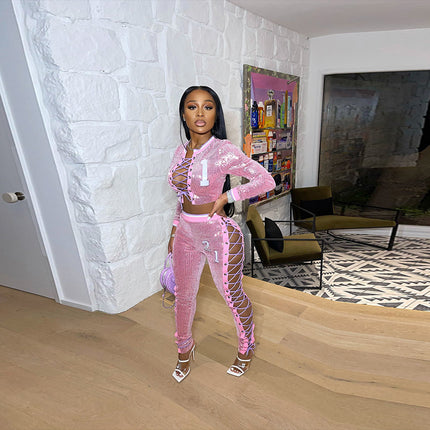 Lace-up Jacket With Pencil Pants Fashion Sequins Two-piece Set