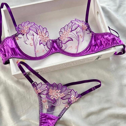 Purple Embroidered Ribbon Steel Ring Underwear Suit Women