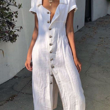 White Short Sleeve Lapel Slim-fit Cardigan Midi Dress