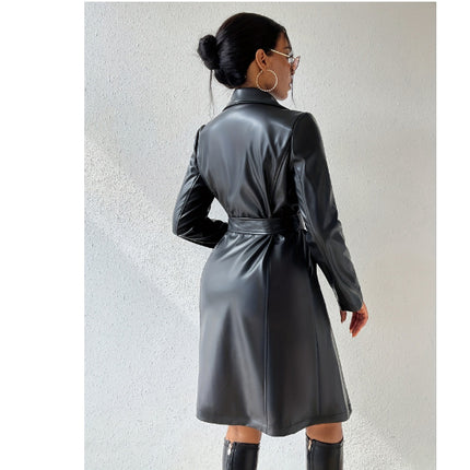 PU Long Sleeve Women's Slim Fit Long Trench Coat