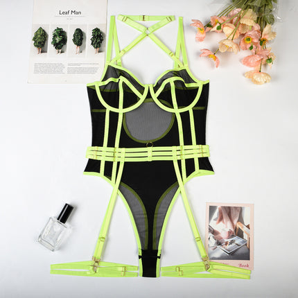 High Elastic Mesh Tight Contrast Color Jumpsuit