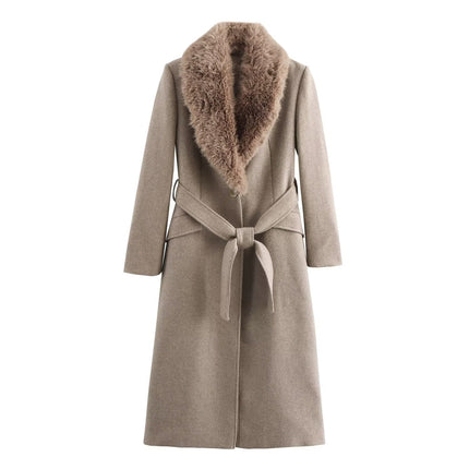 Women's Fashion Lace-up Fur Collar Woolen Coat