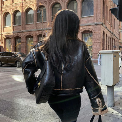 Lamb Wool Motorcycle Jacket Loose And Thick Contrast Color