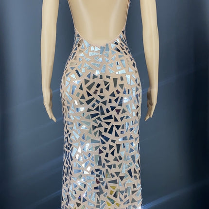 Shining Mirrors Sexy Sleeveless Backless Party Dress With Neck High Slit