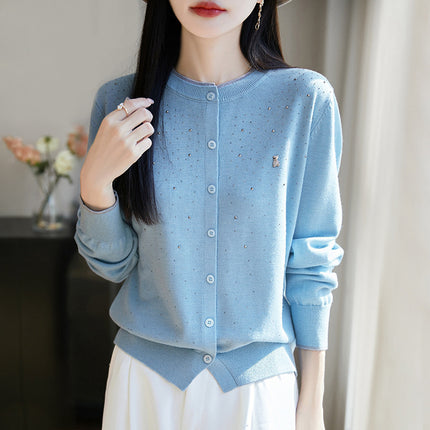 Wool Bear Rhinestone Cardigan Round Neck Long Sleeve Top