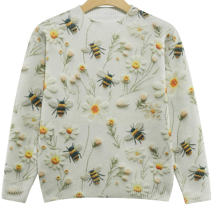 Women's Knitted Sweater Sweater Round Neck Printed Bee Flower Top