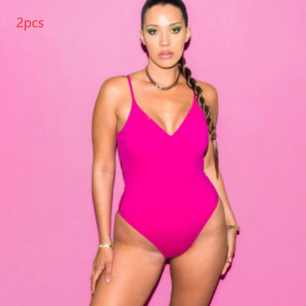 Summer Bikini Backless String Large Size Sexy Solid Color Triangle One-piece Swimsuit Womens Clothing 2pcs