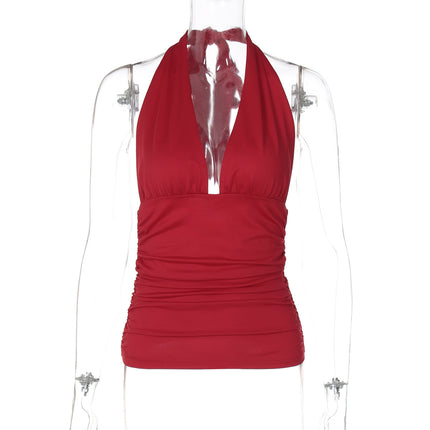 Ins Style Pure Color Halter V-neck Backless Slim Fit Top