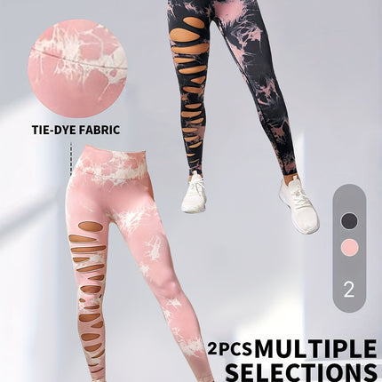 2 Pack Hollow Sexy High Elastic Women's Tie Dye Cutout Tights High Waist Workout Yoga Leggings, Scrunch Butt Lifting Elastic Pants, Tummy Control Butt Lifting Workout Yoga Athletic Pants