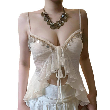 Low Collar Chest-flattering Lace-up Irregular Mesh Sexy See-through Vest