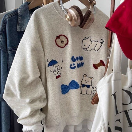 New Embroidered Flocking Loose All-match Round Neck Sweater