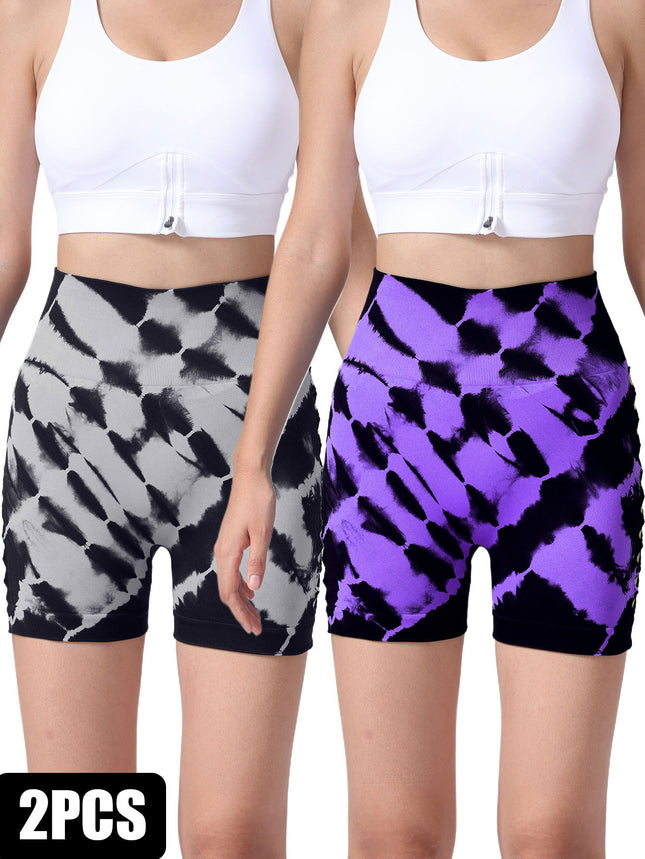 2 Pack Us Local Women's Side Cut-Out Tie-Dye Seamless Hip Lift High Waist Sports Fitness Yoga Shorts