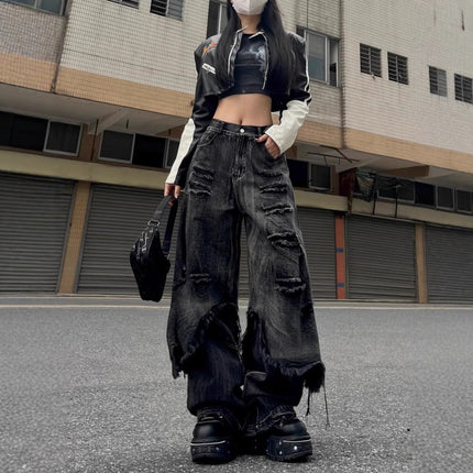 High Street Distressed Cargo Jeans Wide Leg Trousers