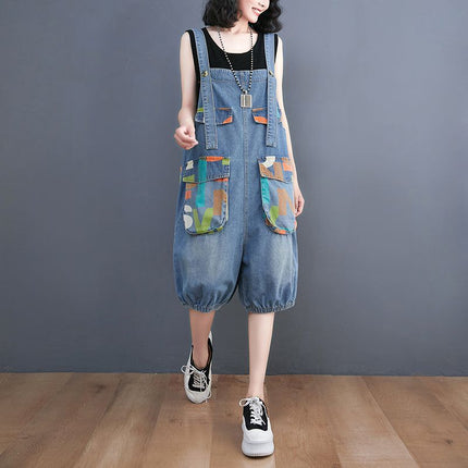 Women's Denim Printing Loose Leisure All-matching Suspender Pants