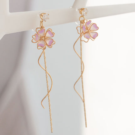 Japanese Sakura Fairy Temperament Tassel Spiral Chain Earrings Girl