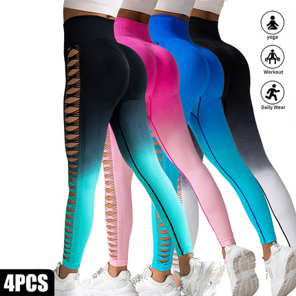 4 Pack Cut Out Ombre Gradient Color Hollow High-waist Butt-lifting Fitness Women's Yoga Pants, Women's High Waist Yoga Pants Cutout Ripped Super Soft And Comfortable Skinny Leggings