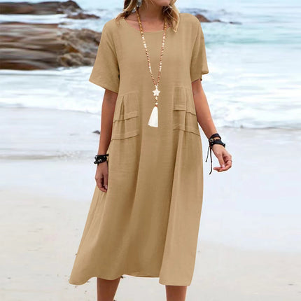 Round Neck Short Sleeve Mid-length Dress Women