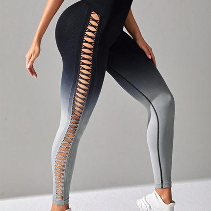 Women's High-Waisted Gradient Yoga Pants, Cutout Leggings, Booty Lifting, Athletic Long Tights For Fitness Workout, Breathable Sportswear