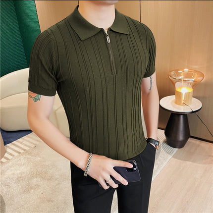 Casual Zipper Short Sleeve Men's Retro Elegant Jacquard Lapel
