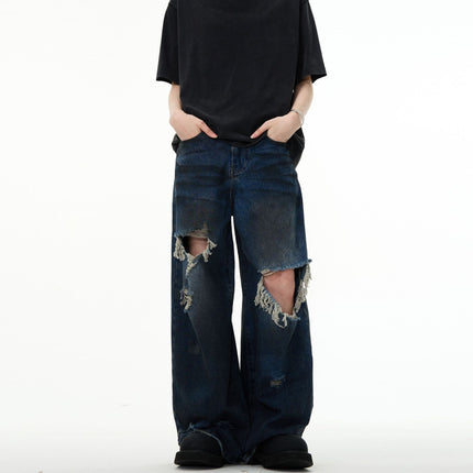 Couple Hole Worn Jeans Wide-leg Pants