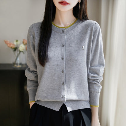 Wool Bear Rhinestone Cardigan Round Neck Long Sleeve Top