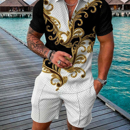Men's Summer Fashion 3D Printed Short Sleeve Geometric Zip Lapel Shirt Set