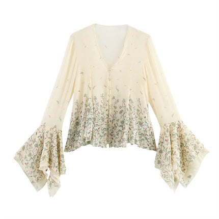 Spring And Summer Ethnic Style Floral Printed Silk Printed Shirt