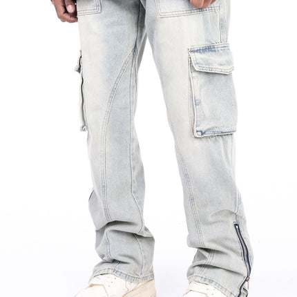 American Style Autumn And Winter Washed And Made Old Micro Elastic Jeans With Zipper Design At The Hem For Casual Pants